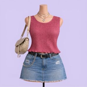 Vintage Y2K Pink Popcorn Crinkle Top Stretch Ruffle Hem Size 1X Coquette Preppy